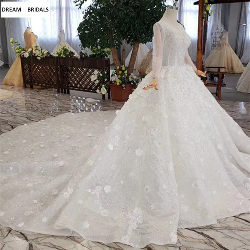 Бальное платье высокого качества, роскошное, Vestido De Noiva,, длинные рукава, тяжелое, бисероплетение, расшитое блестками, цветы, свадебные платья на заказ