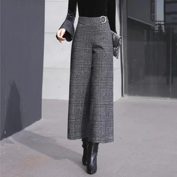 

Women Black Plaid Wide Leg Pants Thick Zipper Fly Autumn Winter Trousers Office Lady Work Wear High Waist Long Pants Bottoms