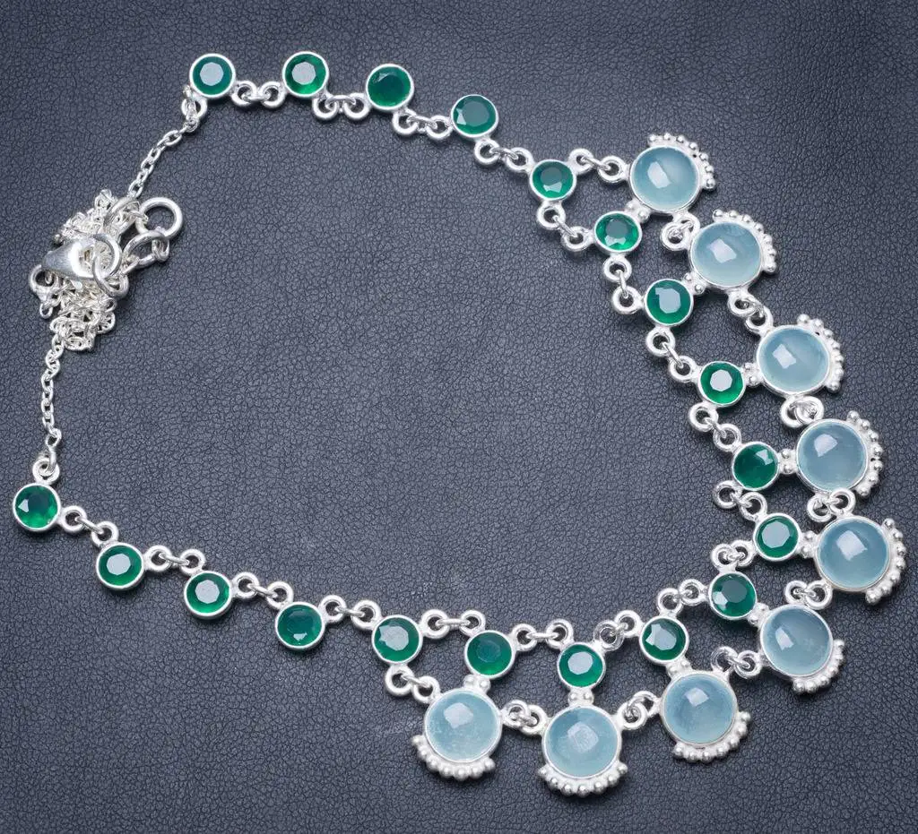

Natural Chalcedony and Chrysoprase Handmade Unique 925 Sterling Silver Necklace 17.75" Y3476
