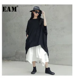[EAM] Новинка, осенне-зимнее платье с v-образным вырезом, длинным рукавом и поясом, свободное платье большого размера, модное женское платье JU356