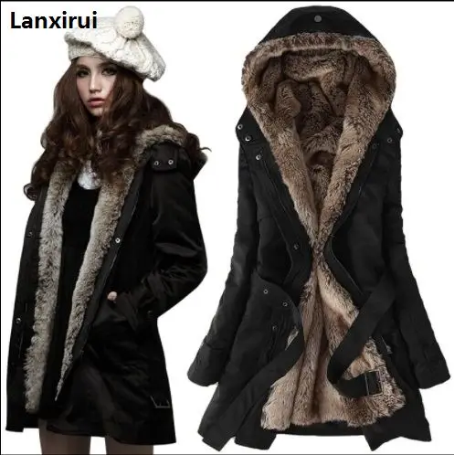 Faux Fur Lining Women 'S Fur Hoodies Ladies Coats Sping Winter Warm Long Coat Jacket Cotton Clothes Thermal Parkas