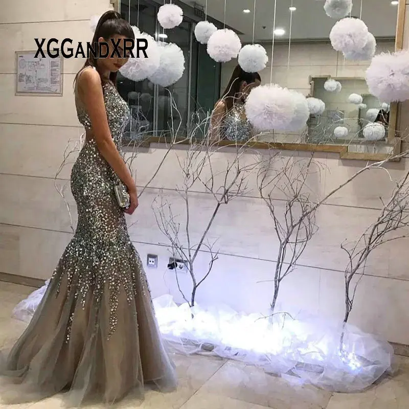Luxury Sparkling Gray Mermaid Prom Dress Long Evening Dresses Heavy Beading Crystal Scoop Sleeveless Real Picture Plus Size