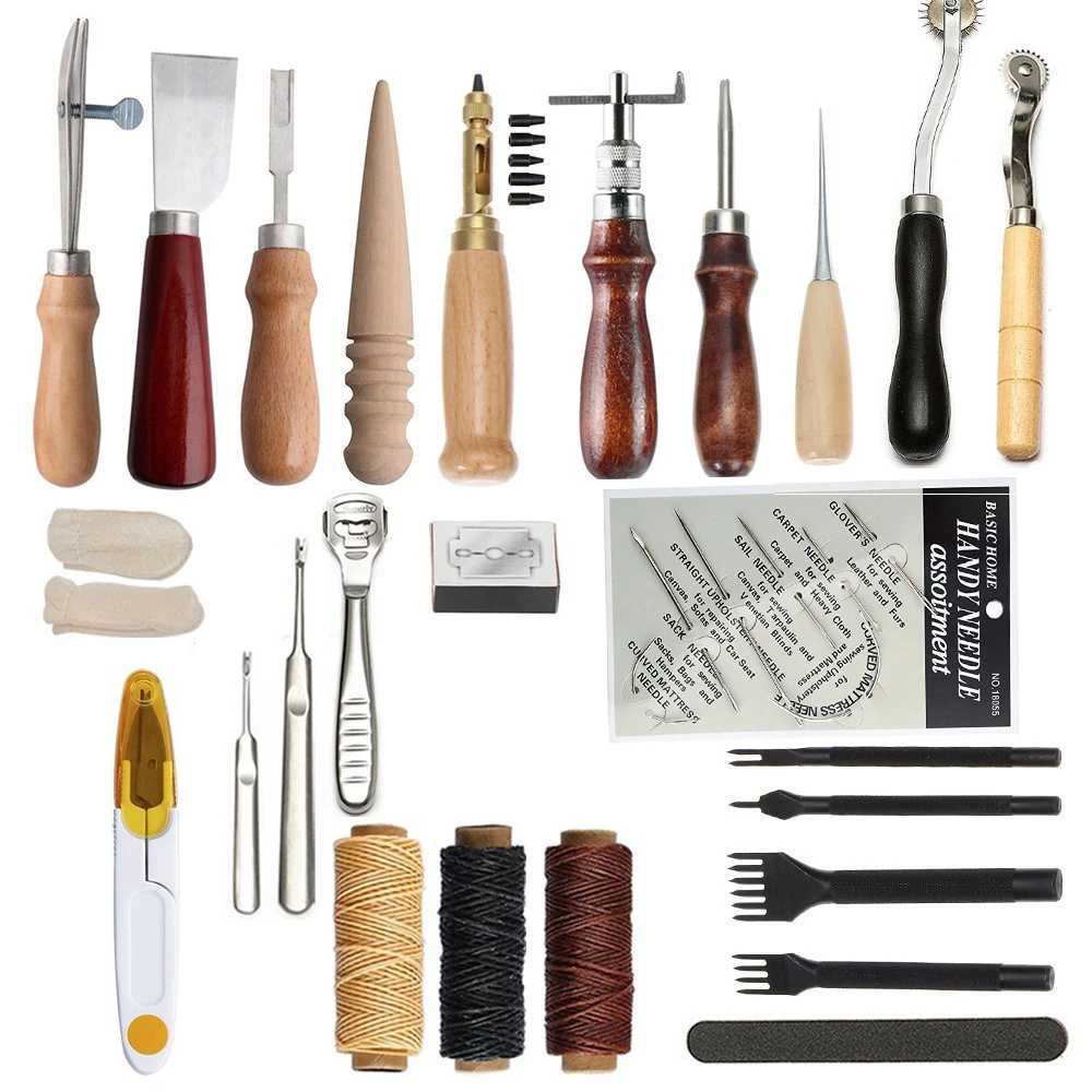 

Junetree Leather Craft Tool Leather Sewing Kit DIY Hand Stitching Tools with Groover Awl Edge Crease professional sets