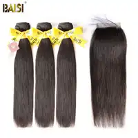 BAISI Hair Malaysian Hair Weave Straight Virgin Hair 3 Bundles with Closure 100% Unprocessed Human Hair