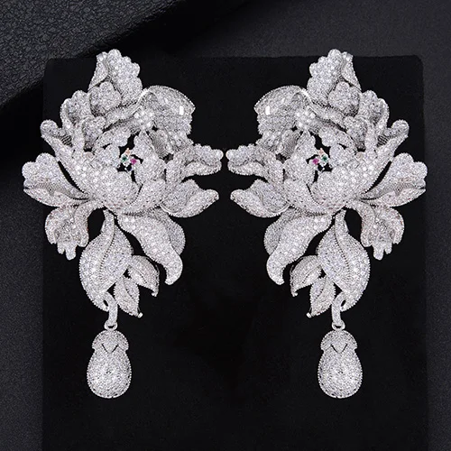 76 мм Популярные цветок хризантемы пирсинг полный кубический цирконий Висячие серьги для женщин Свадебные ювелирные изделия - Окраска металла: Silver