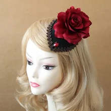2016 New Fashion Gothic Woman Hairwear Elegant Big Red Flower Rose Lace Hairclips Lady Party MIni Hat Hair Clips Headwear Gift