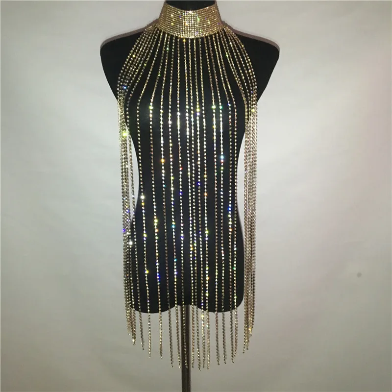 Women Sexy Rhinestone Nightclub Mini Dress Choker Halter Gold Silver Tassel Diamond Chain See Through Hollow Out Mini Dress