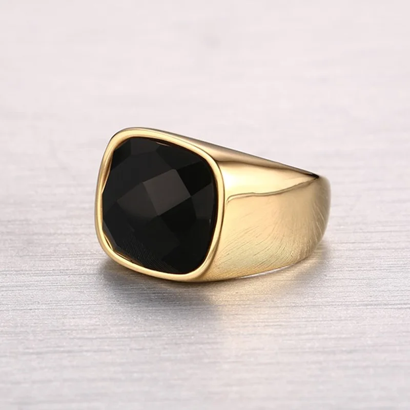 Meaeguet Gent's Jewelry Vintage Rings Gold-Color Stainless Steel Ring Man's Black Onyx Wedding Ring