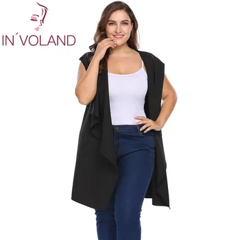 

IN'VOLAND Plus Size XL-4XL Women's Hooded Vest Sleeveless Coat Spring Autumn Draped Wrap Belted Long Suit Cardigan Tops Big Size