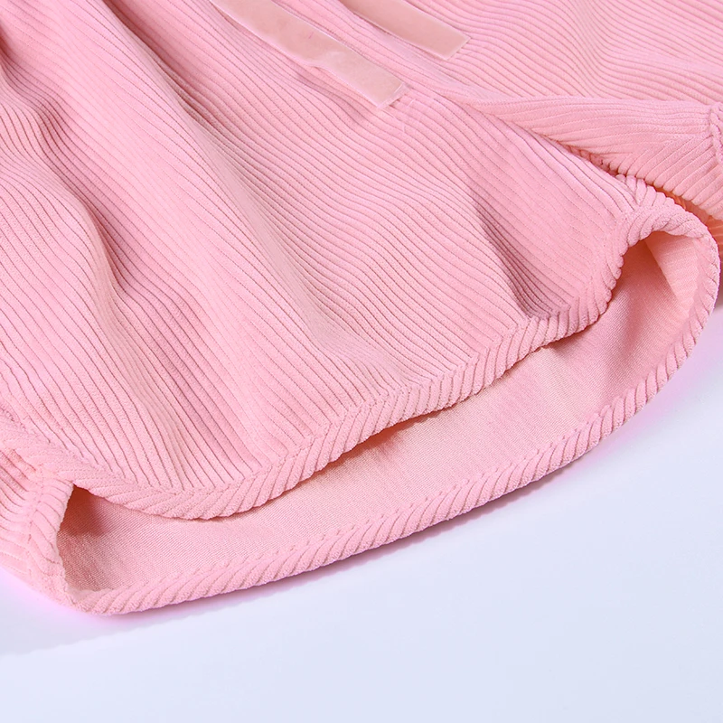 InstaHot/розовые в рубчик шорты с длинными расклешенными рукавами и завязками на талии комплект из двух предметов женский осенний повседневный милый винтажный комплект из 2 предметов