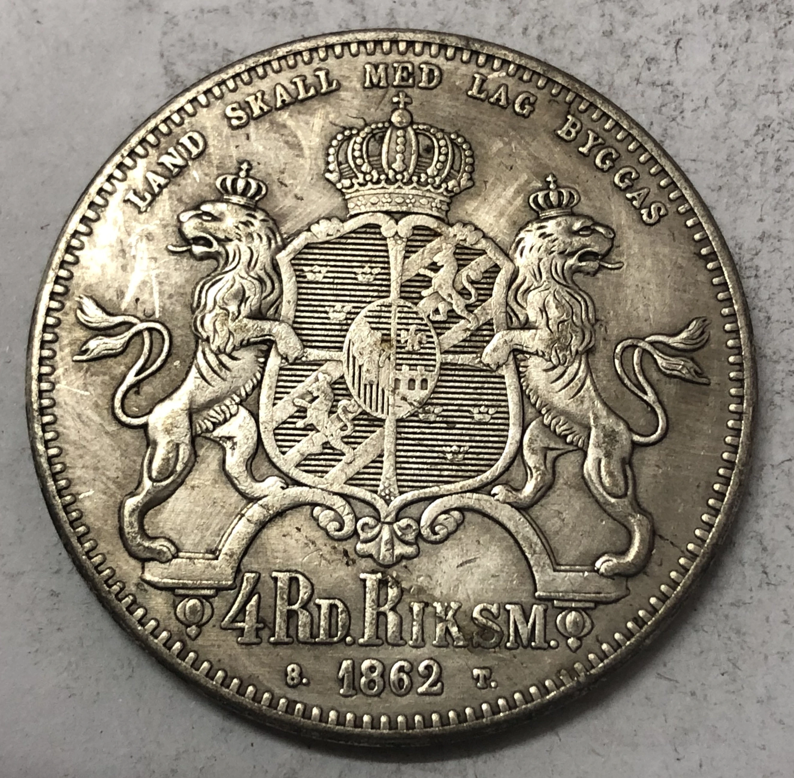 1862 Sweden 4 Riksdaler Riksmynt-Carl Посеребренная Имитация монеты