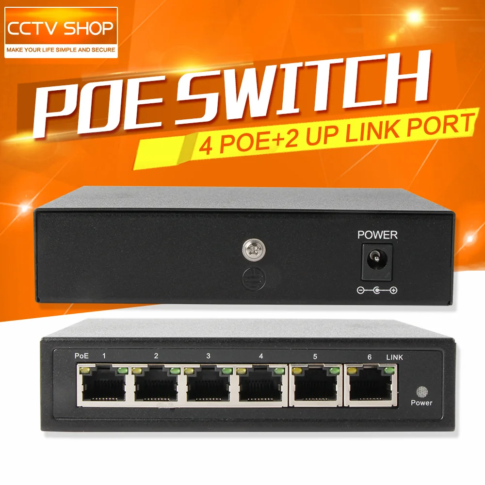 

6 Ports CCTV POE Switch Adapter With 4 Ports PoE Switch 2 Ports Up Link 10/100Mbps IEEE802.3af/at 65w Support For POE IP Camera