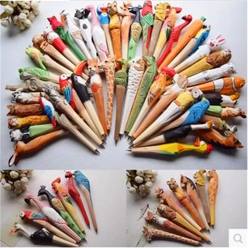 100pcs/lot Animal Wooden carving creative ballpoint pen wood Ball point