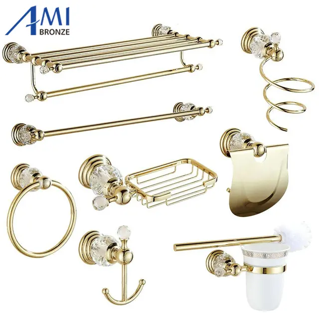 Golden Polished Brass & Crystal Bathroom accessories Bath Hardware Set