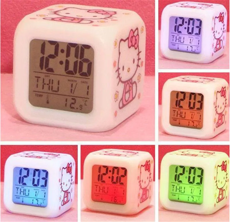 Новое поступление, 1 шт., будильник hello kitty, 7 цветов, светодиодные цифровые часы, милый мультяшный Будильник для детей
