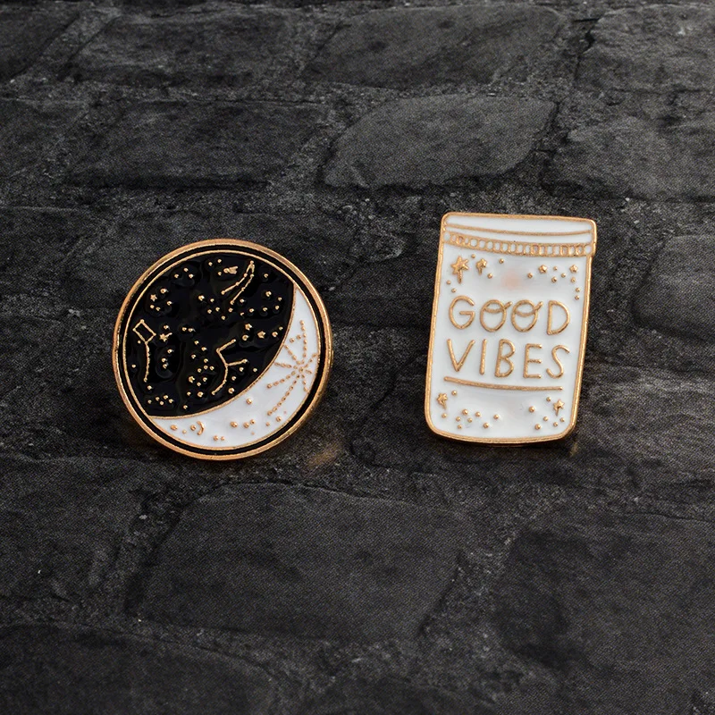 

Hfarich Cartoon Constellation Moon GOOD VIBES Bottle Brooch Black Enamel Pins Button Coat Jackets Collar Pin Badge Jewelry