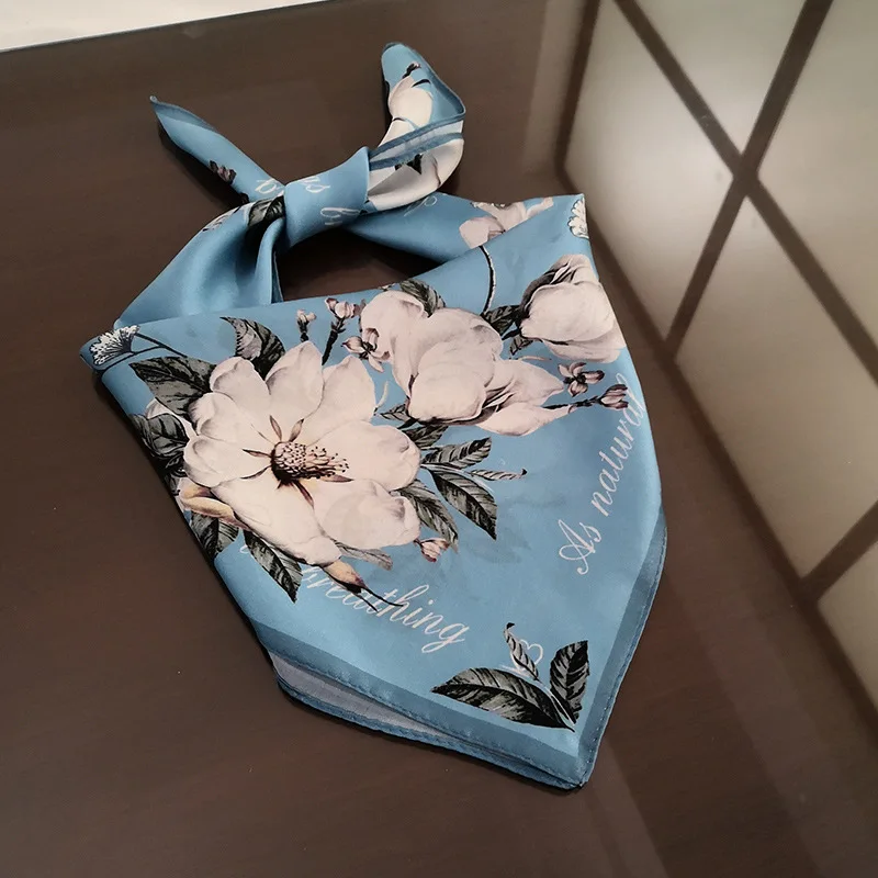 

Spring Silk 53*53cm Scarf WomenSmall Square Scarf 100% Ladies Silk Satin Smog Blue Kapok Scarf