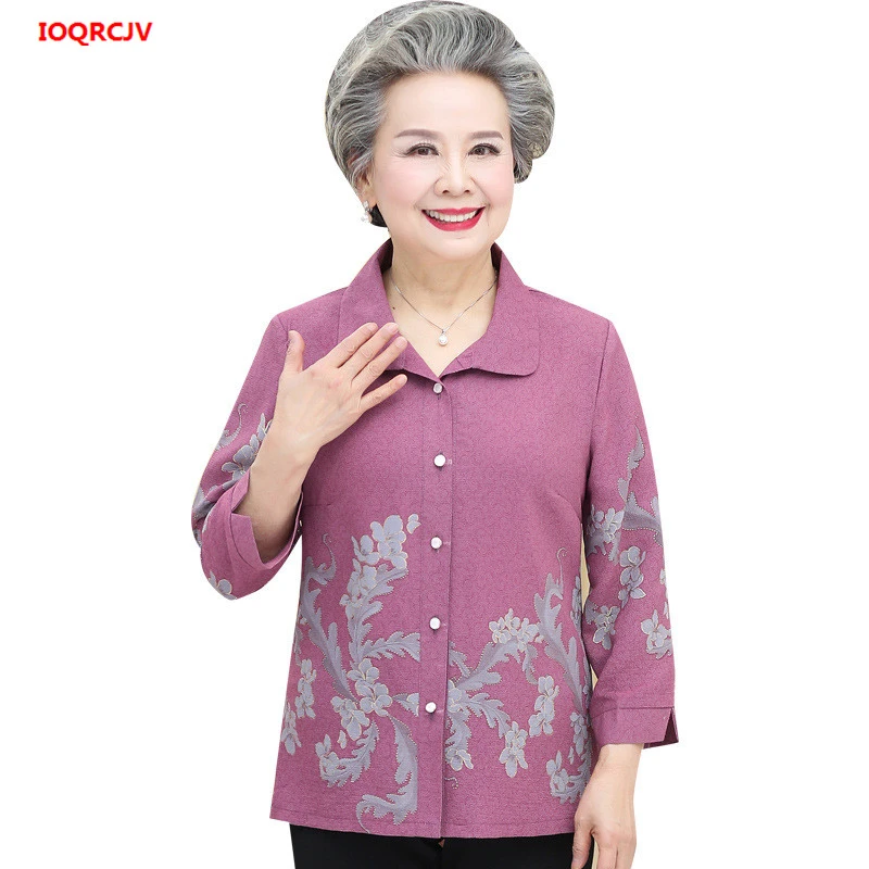 Blusas para mujeres mayores, Tops para mayores, Camisa estampada de manga larga, de primavera para abuela, 5XL y camisas| - AliExpress