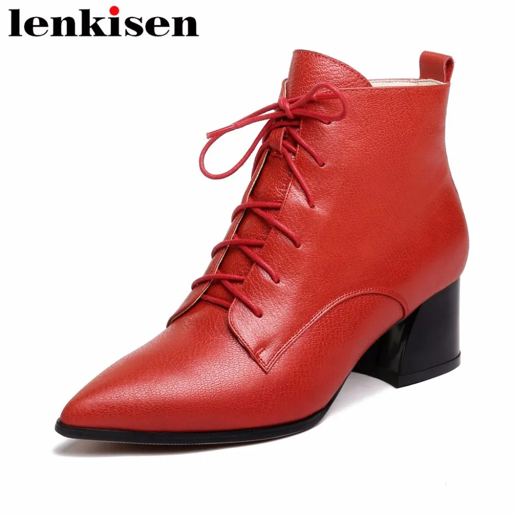 

Lenkisen retro british style pointed toe cow leather thick med heels plus size zip famous concise brand women ankle boots L8f2