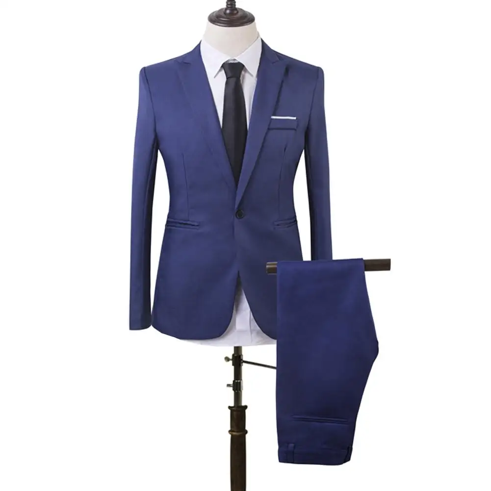 

2019 Men Slim Fit Business Leisure One Button Solid Color Skinny Formal Flat Two-Piece Fit Suits For Men with pants Groom Weddin