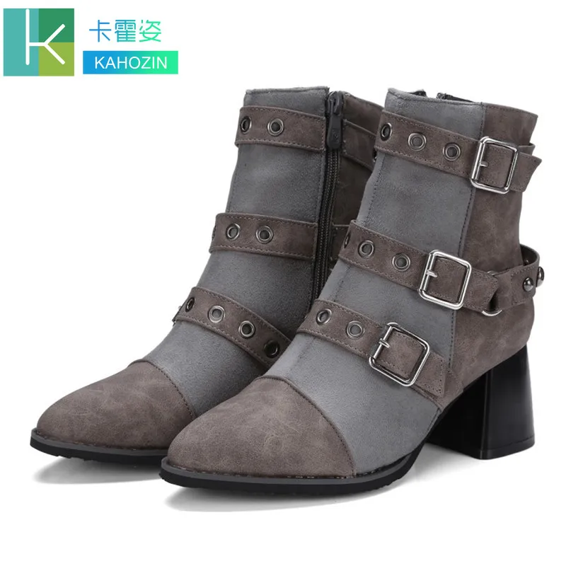 

fashion new ankle boots for women Chelsea bootsbelt buckle zipper decoration gray black Square heel Pointed toe size46