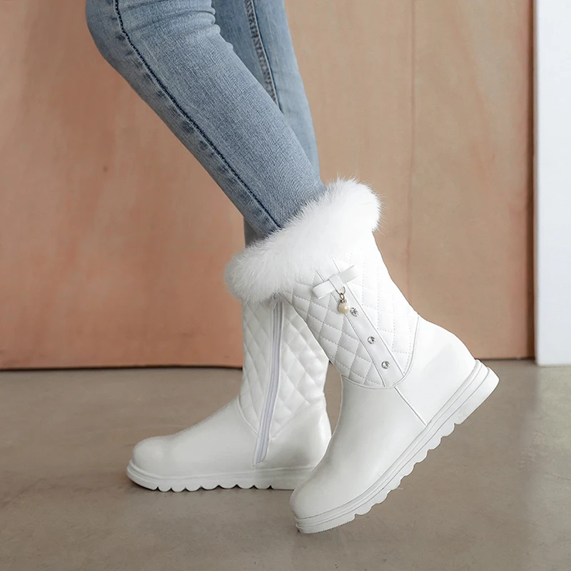 NEW fashion warm Mid-Calf snow boots women round toe soft leather warm Rabbit Fur winter thick fur ladies winter shoes