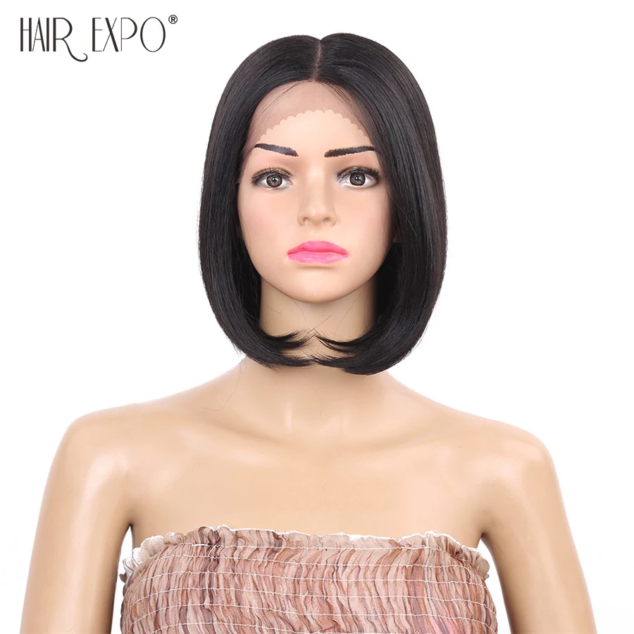 8inch Short Straight Bob Wigs Synthetic Lace Front Wig Heat Resistant Fiber Black Hair Middle Part Lace Wig Hair Expo City