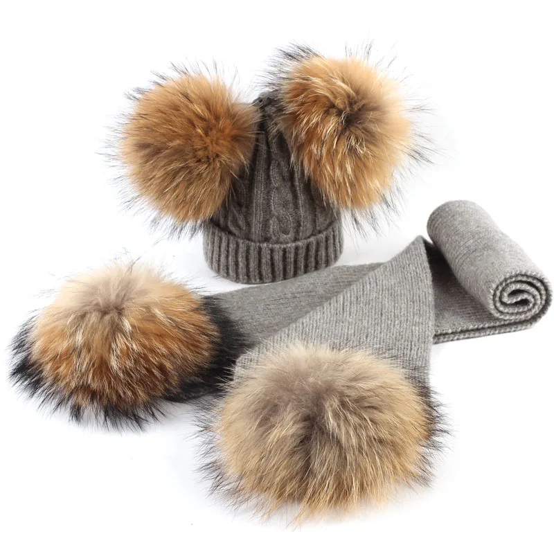 Комплект из 2 предметов для детей, зимняя вязаная шапочка и шарф с двойными помпонами для мальчиков и девочек, шапочки-бини с помпонами - Цвет: Light Grey A