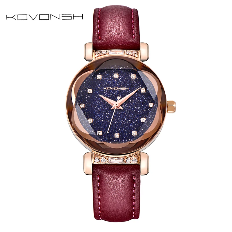 Goedkoop KOVONSH Luxe Lederen Vrouwen Horloges Dame Horloge Mode Jurk Vrouwen Horloge Meisjes Quartz Horloges Geschenken Aanwezig Dropshipping