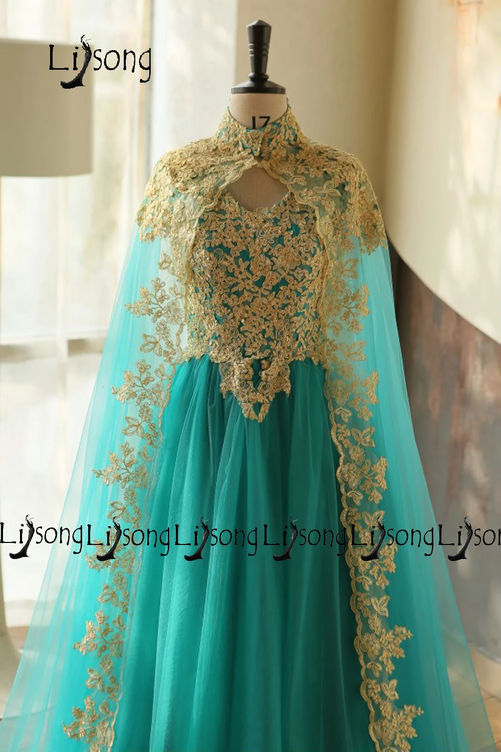 Бирюзовый Охотник зеленый золотой аппликации длинный мыс Ближний Восток Саудовская Аравия длина до пола два предмета вечернее платье женское длинное официальное платье