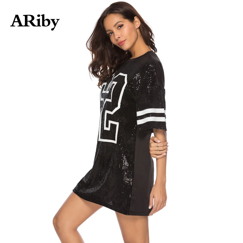 Women Dress Summer Party Vestidos Dresses ARiby 2019 New Sexy Digital Printing Loose Sequined Punk Mini O-Neck Half Sleeve Dress