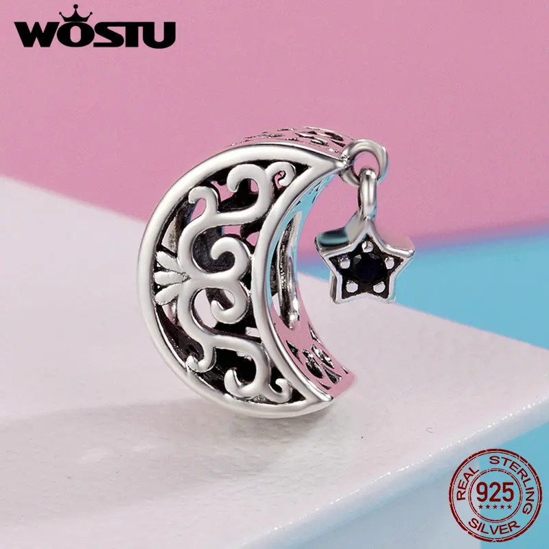 WOSTU роскошный 925 пробы Серебряный ажурный браслет с подвеской в виде луны и звезд, браслет для рукоделия, подарок на день Святого Валентина CQC483