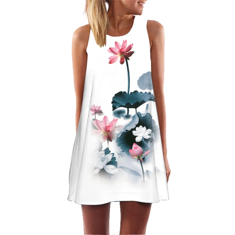 

MEIBONA Vintage Women Slim Dress Summer Lotus Floral Print A-line Dress Lady Sleeveless Mini Beach Wear Sundress