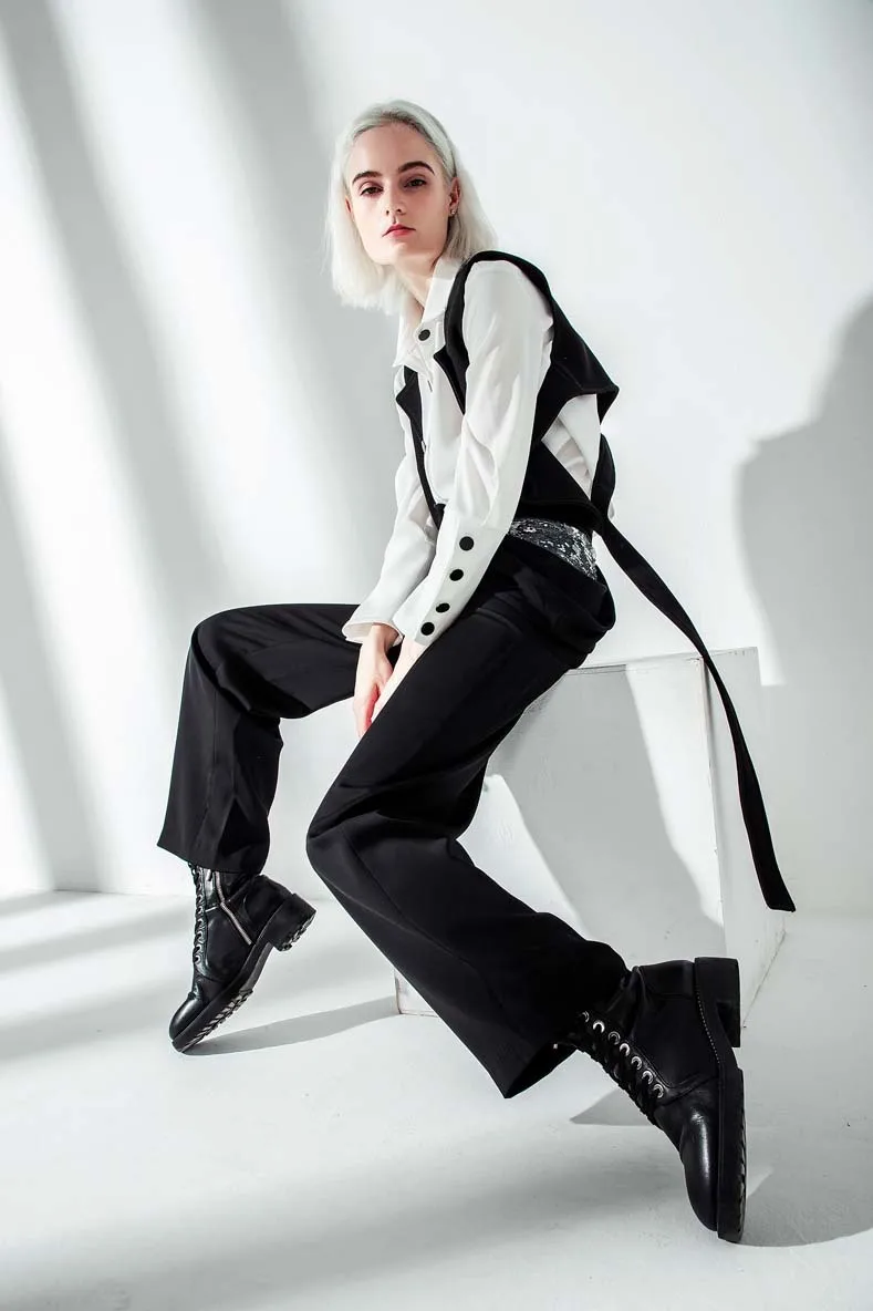 [EAM] Новинка, осенне-зимняя черная рубашка с отворотом и длинным рукавом, свободная рубашка из двух частей с лентами, женская блузка, модная одежда JO664