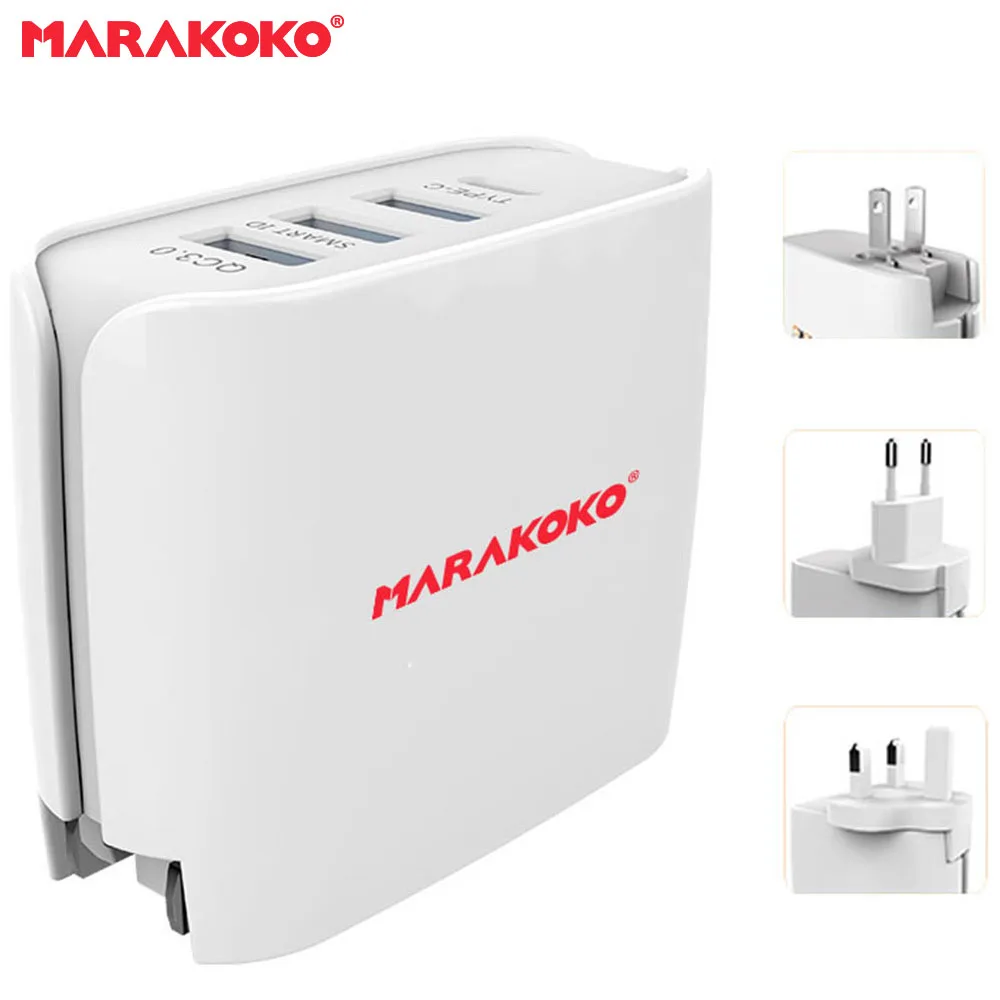 

Marakoko MA11 Removable Plug USB Travel Charger Set with US EU UK Plug 4-Port 30W Fast Quick Charger 3.0 with QC3.0 and Type-C