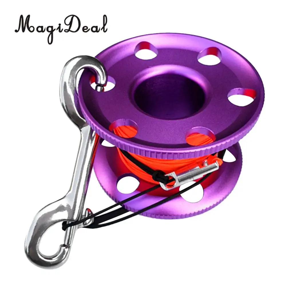 MagiDeal Professional Aluminum Alloy Finger Spool Reel & 30m Line Double End Bolt Snap for Underwater Scuba Diving Applications