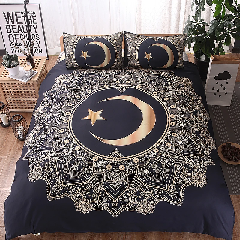 3D Dreamcatcher Feathers Print Bedding Set Bohemian Gold Moon Star Duvet Cover Set Bull Head Horn Bedclothes with Pillowcase - Цвет: Gold Moon