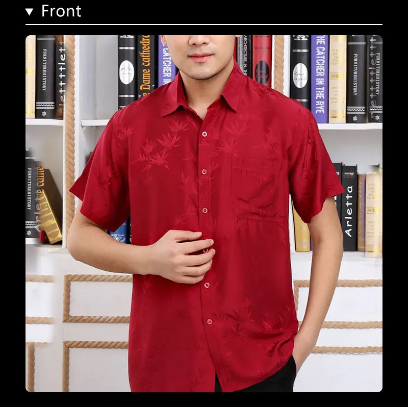 Летние для мужчин красный натуральный шелк бизнес рубашки для мальчиков короткий рукав листья жаккардовая рубашка сорочка homm camiseta masculina LT2250