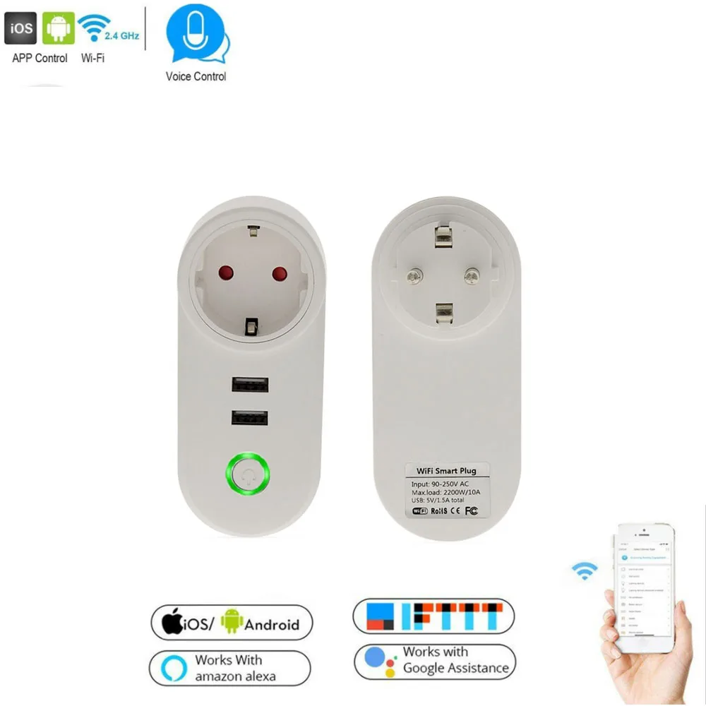 Умная розетка с вилкой европейского стандарта Wi Fi USB пультом дистанционного