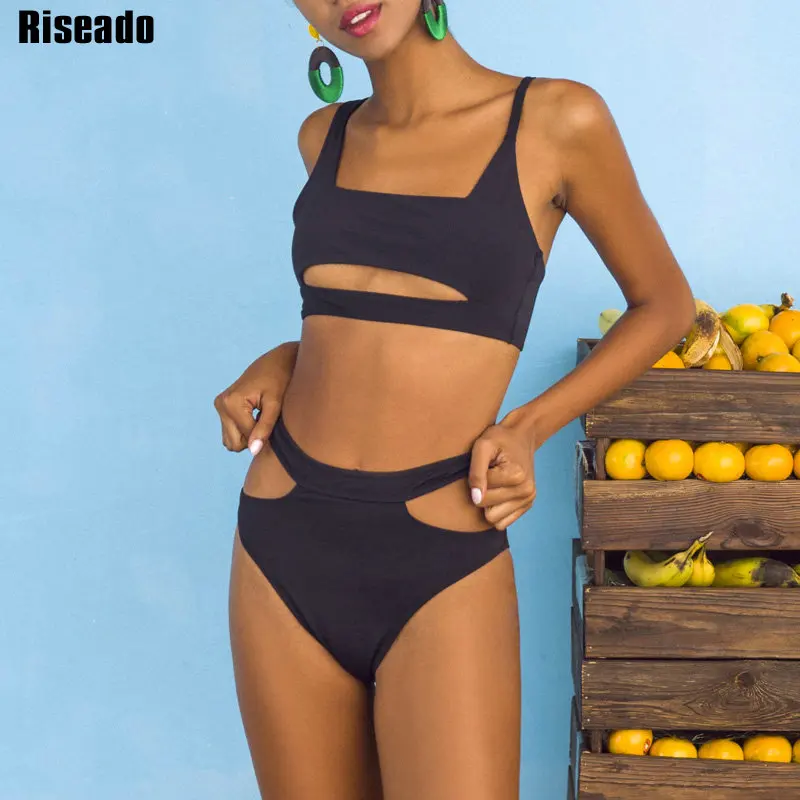 

Riseado Sexy Bikinis Women Cut Out Swimsuits 2019 Solid High Waist Swimwear Women Summer biquini Brazilian Bikinis Beachwear