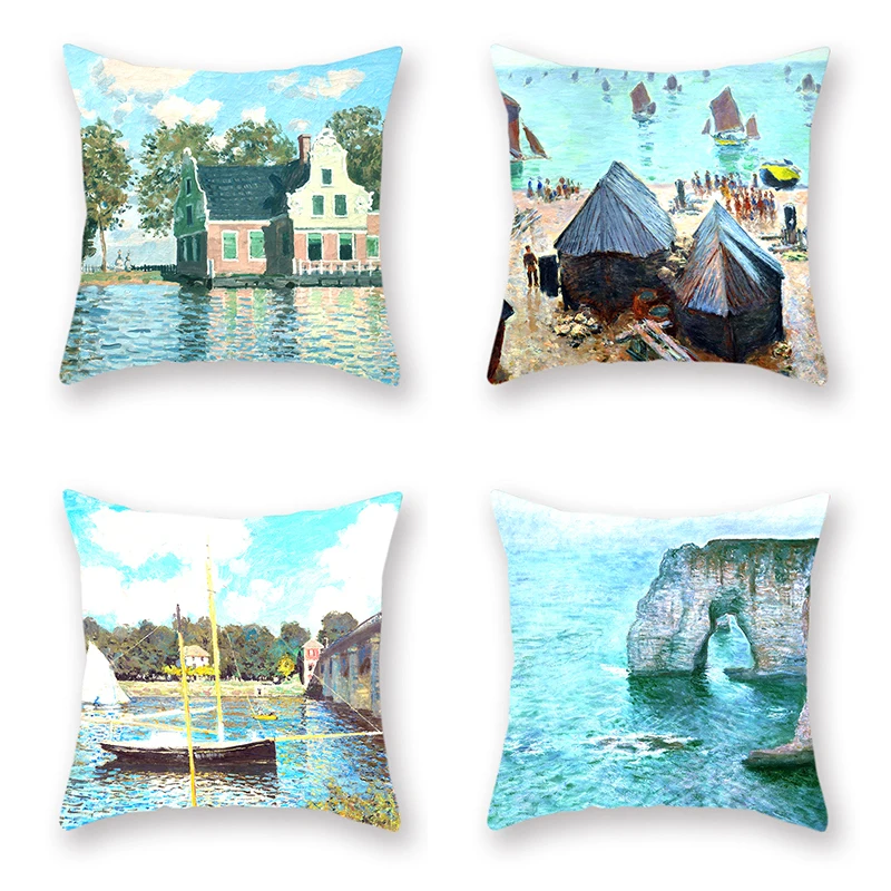 

Art Vintage Cushion Cover Monet Osherova Church Oil Painting Pattern Pillow Case Building Decoration Home Cover 18inx18in