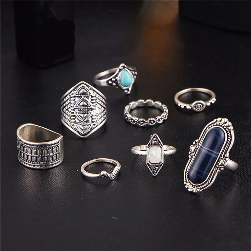 New Arrival Fashion Vintage Women's Boho Crystal Flower Knuckle Ring Tibetan Turkish Rings for women midi rings Ring Set J13#N (6)