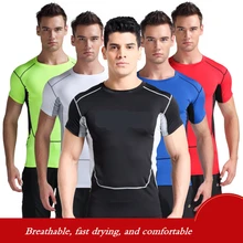 Спортивные колготки, короткие рукава, дышащие фитнес униформы, мужские компрессионные тренировочные футболки