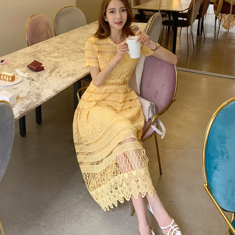 

Vestidos De Verano Mujer 2019 Women's New Korean Temperament Lace Openwork Waist Large Swing Light Yellow Dress Sukienka Letnia