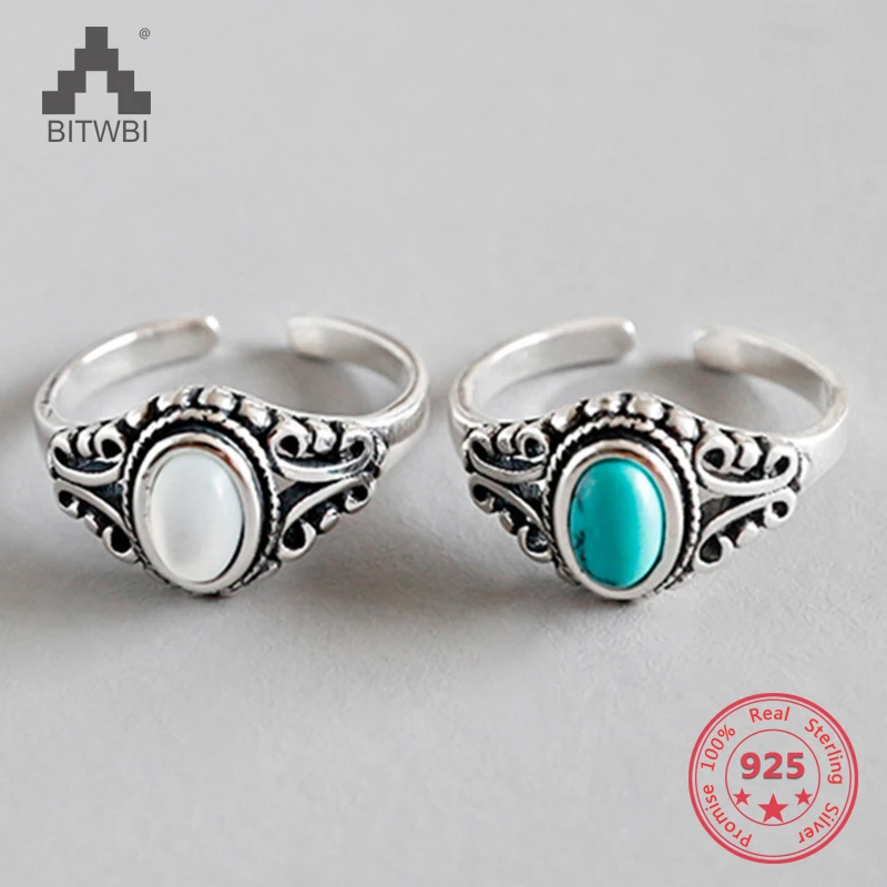 

925 Sterling Silver Turquoise Ring Oval Sky Blue Stone Open Ring for Wedding Fine Jewelry