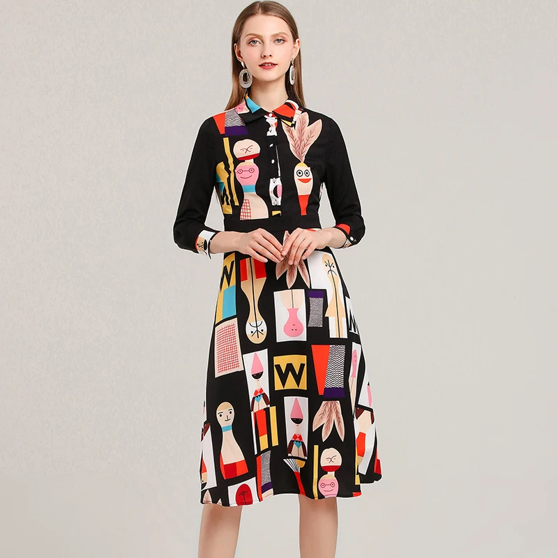 

New Autumn Pretty Cartoon Print Dress Women High Quality Fashion Three Quarter Sleeve Female Slim Lovely Dress
