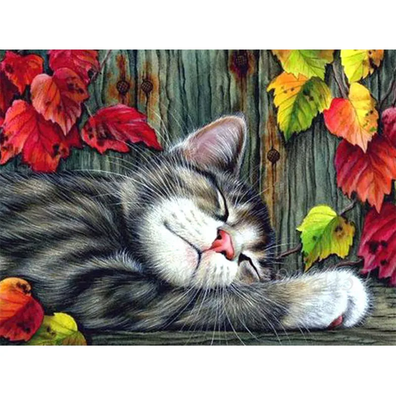 

Diy Diamond Painting Cross Stitch Cat Resting Under The Leaves Needlework Diamond Embroidery Full Round Mosaic Decoration Resin