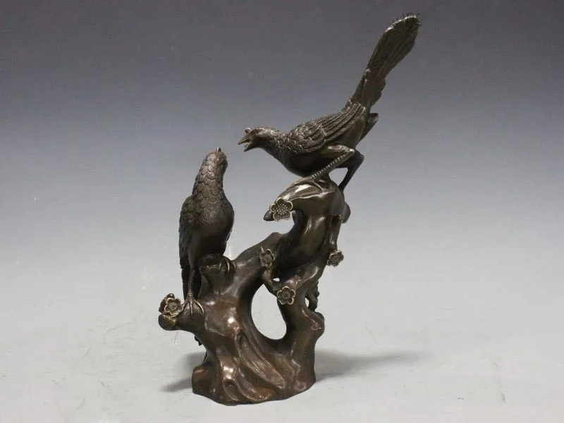 

Chinese Pure Bronze Plum flower tree Two Magpie Bird Home FengShui Decor Statue