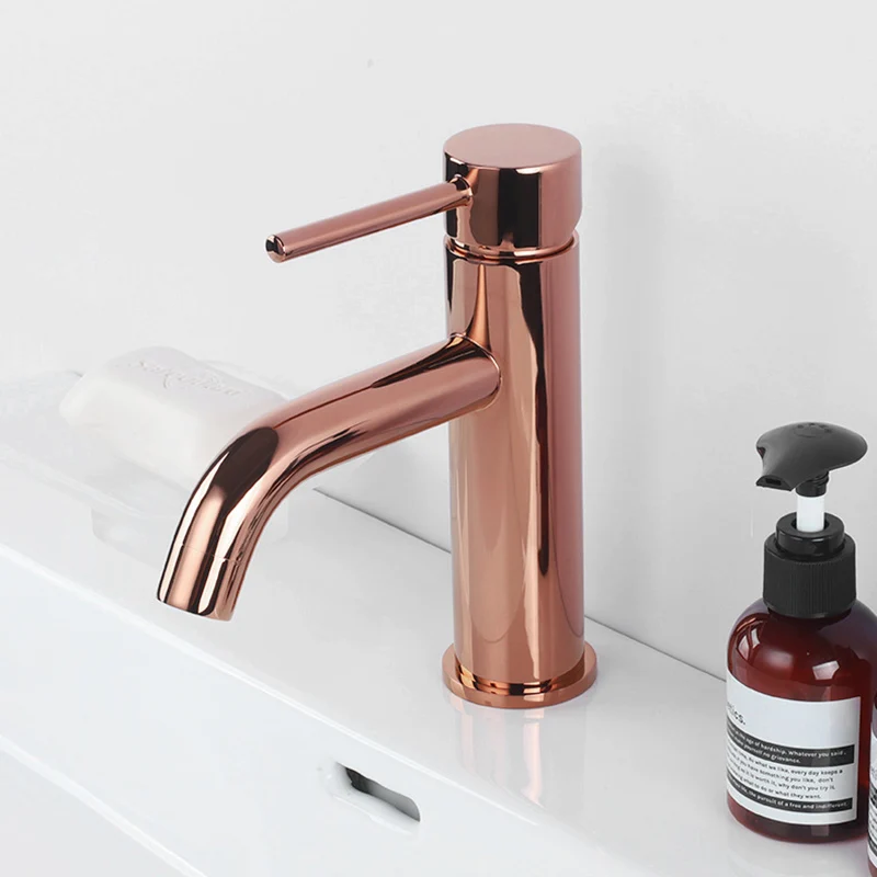 Rose Gold Brass Bathroom Basin Faucet Single Handle Deck Mounted Hot And Cold Bathroom Sink Water Mixer Tap