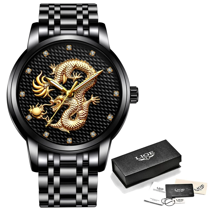 2021 LIGE New Golden Mens Watches Top Brand Luxury Chinese Dragon Watch Business Full Steel Quartz Clock Male Relogio Masculino